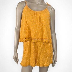 Aerie Women’s Mustard Eyelet Tie-Strap Cotton Romper Size L‎
